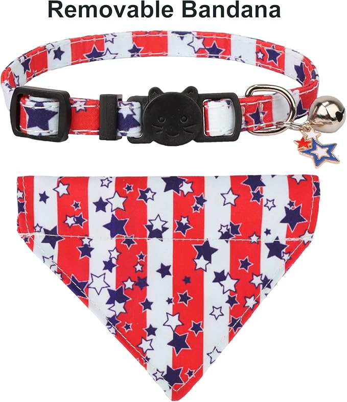 PTDECOR American Flag Cat Collar Breakaway with Cute Bow Tie Bell, 4th of July Bandana Collar, Patriotic Cat Bowtie Collars for Kittens (Red&White)