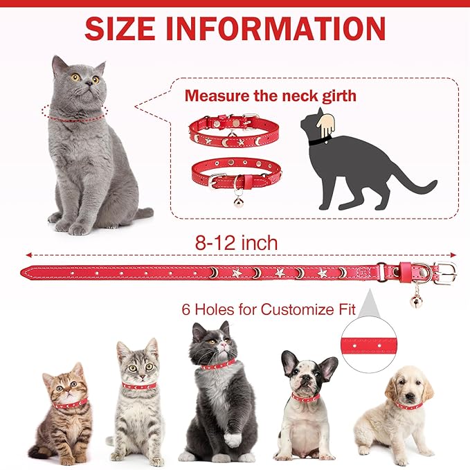 Leather Cat Collars for Boy Girl Cats with Bell and Safety Elastic Belt, Personalized Star and Moon Stud Adjustable Safe Buckle Collar for Kitty Small Big Cats Size 7-9 Inch, Red