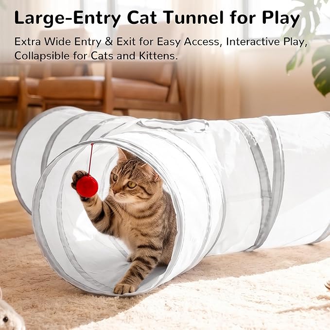 Tempcore Cat Tunnel for Indoor Cats, 3-Way Collapsible Play Tunnel with Teaser Wand, Peek Holes & Toy Ball, Small Pet Toy for Kittens & Rabbits, White & Light Grey
