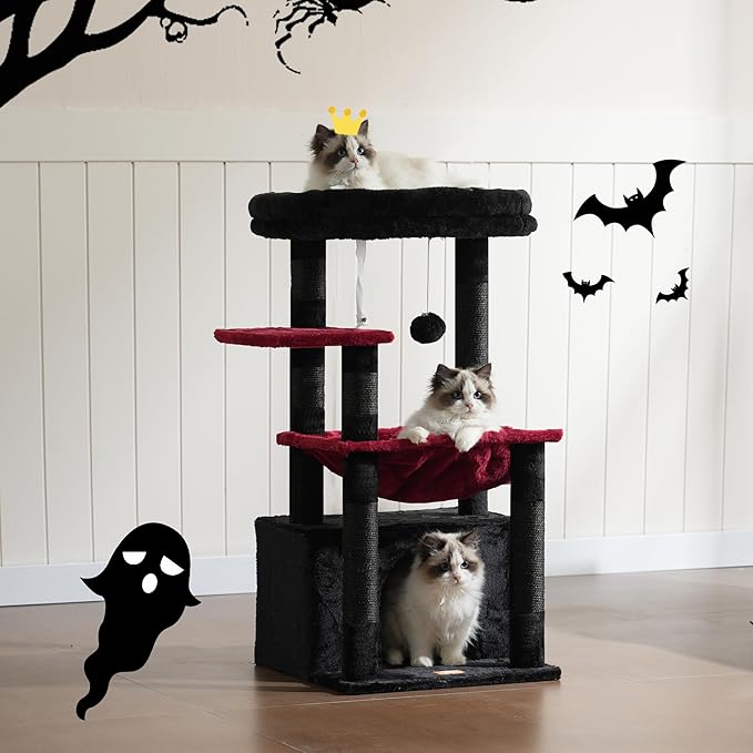 Heybly Cat Tree, Kitten Tower with Large Soft Cat Basket,Cat Condo with Spacious Cat Bed Cave with Hidden Space，Sisal-Covered Scratching Posts,Dangling Ball for Indoor Cats, Black and Red HCT008SBR