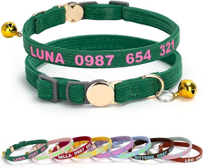 Personalized Custom Cat Collar, Glow in the Dark Text, Soft Corduroy, Metal Breakaway Safety Buckle, Adjustable for Kitten & Cats (Breakaway)