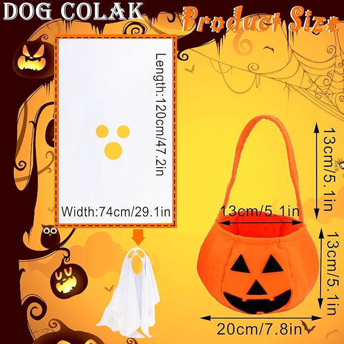 Dog Ghost Halloween Costume 2PCS Funny Ghost Face Cape Pumpkin Bucket White Ghost Poncho for Large Dogs Trick or Treat Bags Spooky Outfit Cosplay Ghost Clothes (Medium)