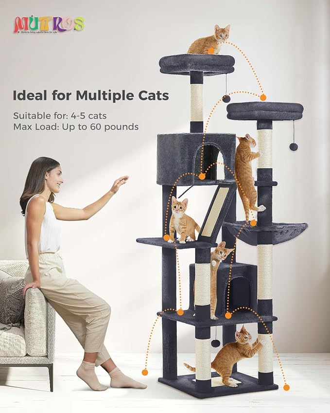 MUTTROS Tall Cat Tree 70.9"- Cat Tower with 6 Scratching Posts, Multi-Level Climbing Tower with 2 Condos, 2 Scratching Boards, 2 Top Beds & Hammock for Indoor Large Medium&Small Cats, Dark Gray