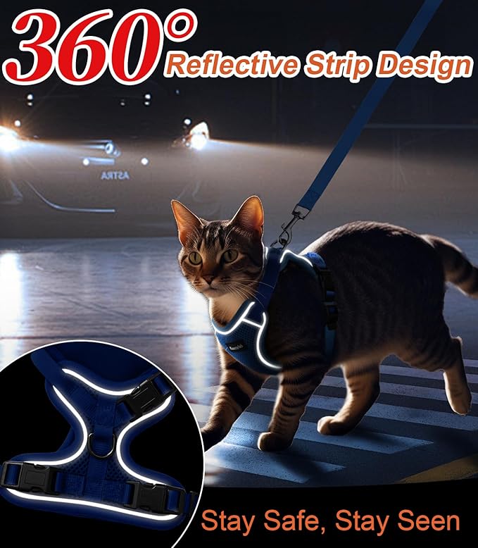 Cat Harness and Leash for Walking Escape Proof Soft Adjustable Cat Leash Breathable Comfortable Vest Easy to Wear Kitten Harness for Outdoor Travel (Blue, M (13-18lb))