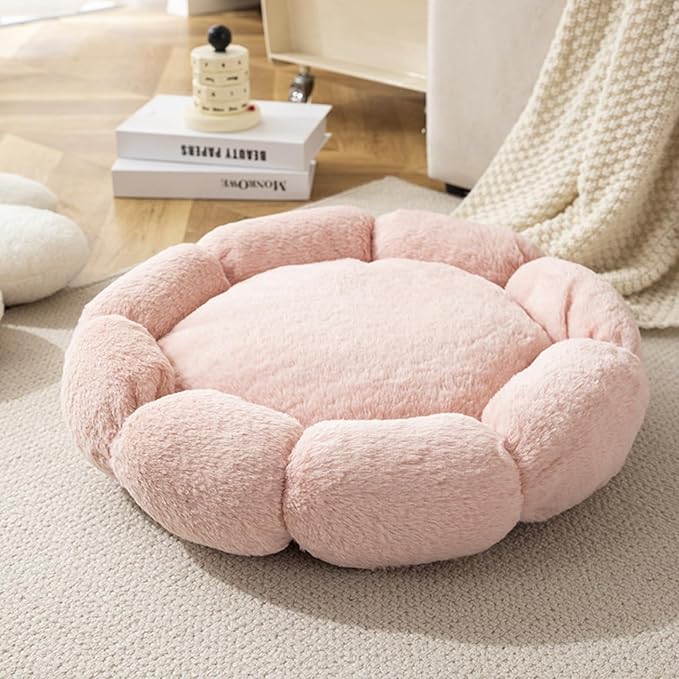 Plush Cat Beds for Indoor,Flower Shape Soft Pet Bed with Anti Slip Bottom,Donut 360 Degree Support Dog Bed for Bedroom Living Room (Pink)