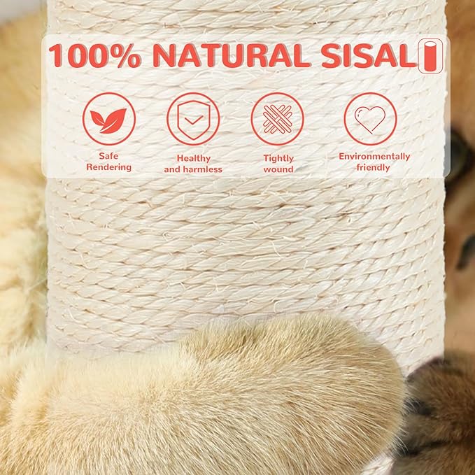 45'' Tall Cat Scratching Post,Heavy Duty for Indoor Large Cats 3.5Inch Diameter Natural Sisal Rope Post,Stable Real Wood Base,Artificial Plant Design Scratcher with Interactive Ball Toy for Home Decor