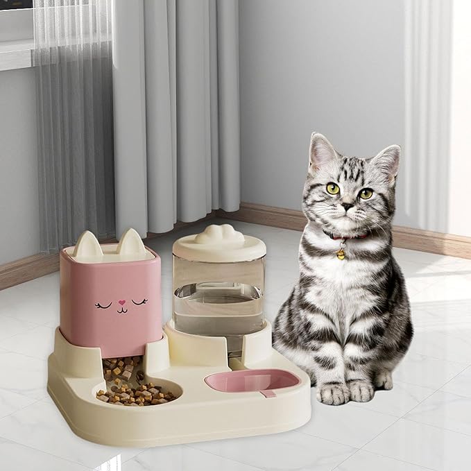 Automatic Cat Feeder Waterer Food Feeder Removable Double Bowl Pet Water Food Bowl with Water Dispenser for Laundry Rooms