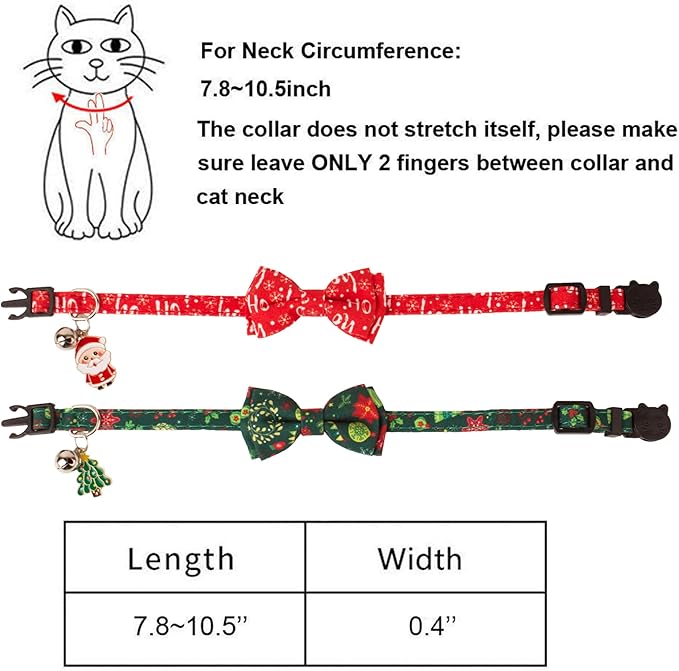 ADOGGYGO Christmas Cat Collar Breakaway with Bowtie Bell - 2 Pack Red Green Xmas Kitten Bow Collars Christmas Collars for Cat Kitten