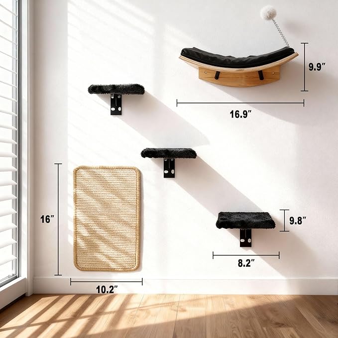 Cat Wall Shelves, 5 in 1 Cat Furniture Set with Soft Curved Pad，Modern Space-Saving Wall Mounted Shelves for Play & Rest