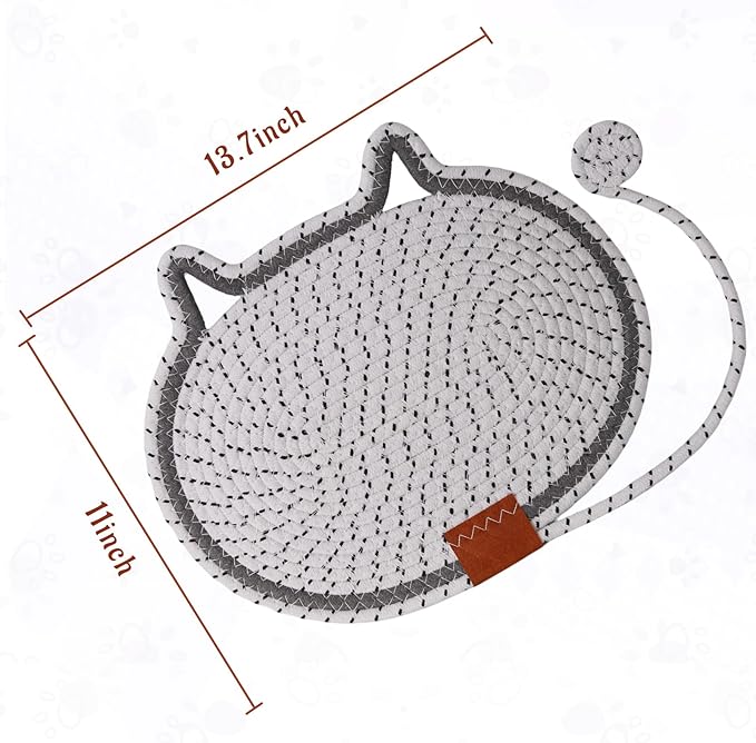 Cat Scratcher Mat Natural Cotton Rope Oval Horizontal Floor Cat Scratch Bed Pad with Ball Toy Protector for Furniture Floor Wall (White, 2 PC)