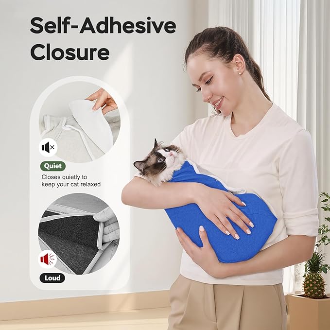 Cat Wrap for Cutting Nails, Self-Adhesive Cat Nail Clipping Restraint Bag, Anti-Scratch Cat Grooming Wrap Swaddle for Meds, SubQ Fluids, Ear Cleaning, Teeth Brushing & Vet Visits,Blue,S