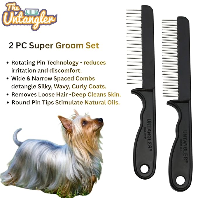 2 PC Super Groom Dematting Set with Silky Smooth Rotating Teeth - Dematts and Grooms Long, Silky and Wavy Coats for Dogs and Cats