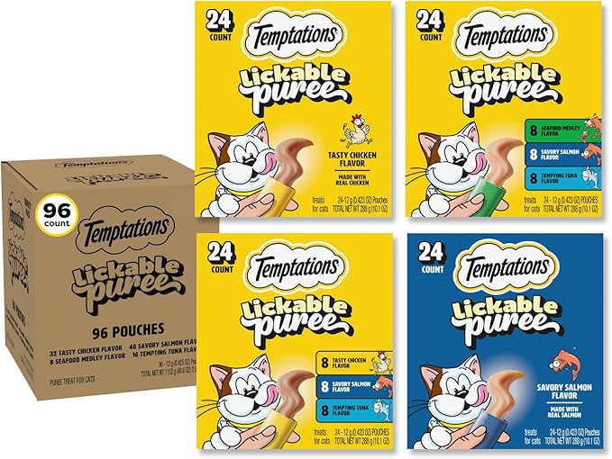 Temptations Creamy Puree Squeezable Lickable Wet Cat Treat Variety Pack, 0.42 oz. Tubes, 96 Count