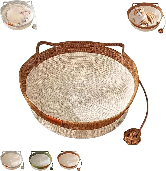 Instinct Basket, Stimuli Cat Bed with Toy Tail, Stimulicat Bed Rope Cotton with Cushion, Cats Ear Design, Breathable All Season Universal, Scratch-Resistant (Brown,Small)