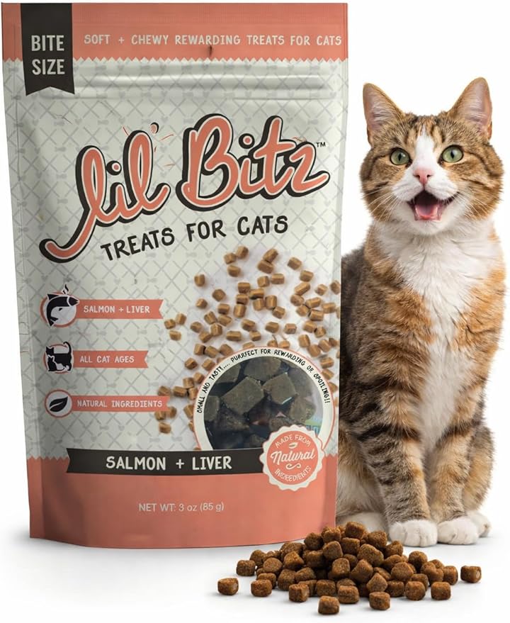 Lil' Bitz Soft & Chewy Cat Treats, Bite Size Rewarding Treats for Cats, Made with Natural Ingredients, Salmon & Liver Flavor, Perfect for Training & Bonding, 3 oz Bag