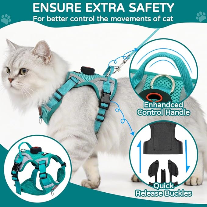 Cat Harness and Leash Set with Holder Compatible with AirTag, Escape Proof Kitten Harness with Lead for Large Adult Cats, Soft Mesh Puppy Reflective Adjustable Jacket Vest for Walking, Green, M