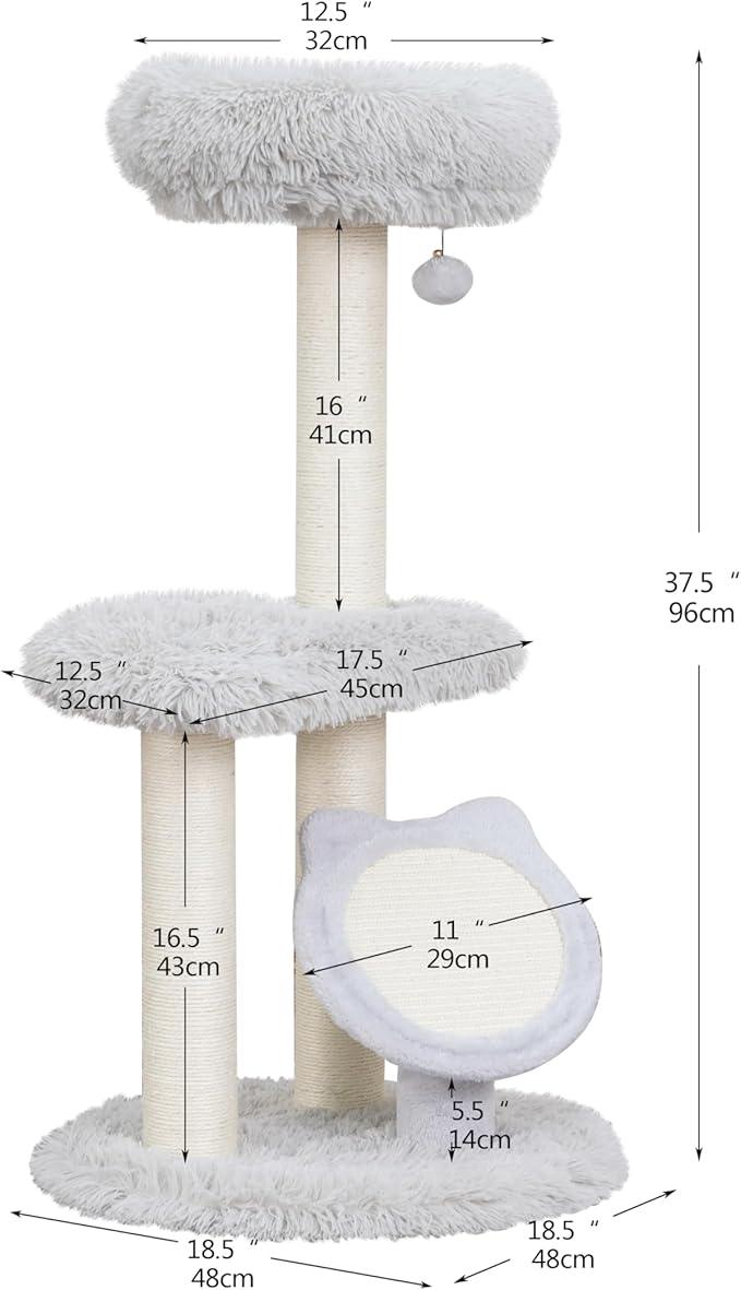 Petpals Medium Size Cat Tower with Replaceable Sisal Scratching Posts, Cat Head Shaped Sisal Scratching Pad and 2 Platform Shag Faux Fur View Perchs, for Indoor Cats, Light Grey (Light Grey)