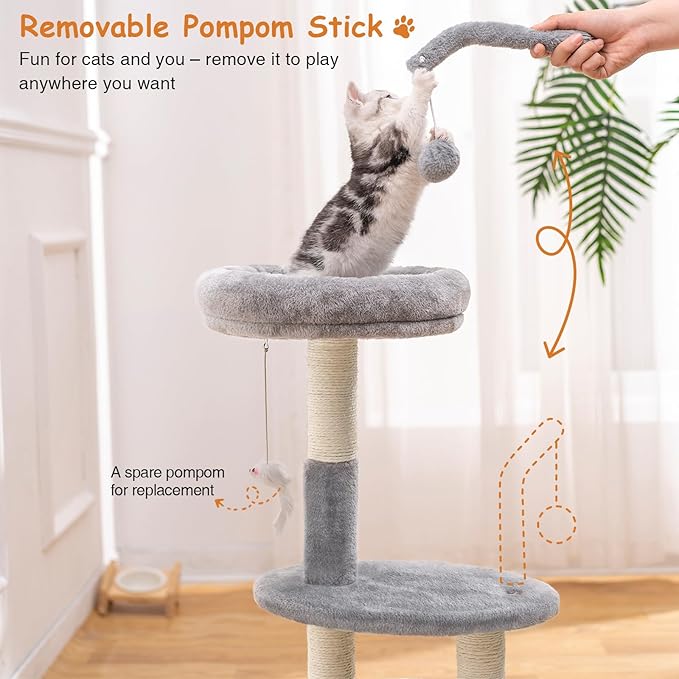 Goozii Large Cat Tree Tower with Scratching Post, Modern Kitten Tower for Indoor Cats, Sturdy Tall Carpet Sisal Cat Scratcher Stand with Big Bed Perch,Scratch Ramp,Ball Toy for Kitty Play -Grey