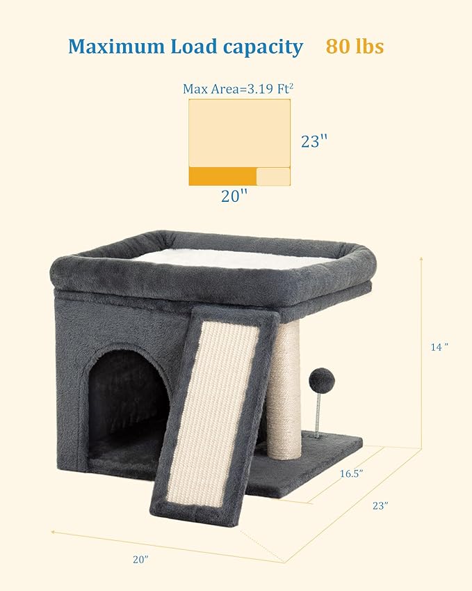Aechonow Cat Tree for Large Cats, 14Inch Cat Tree Tower with Scratching Post, 20x16.5Inch Perch Bed for Adult Senior Cats, Removable Washable Mat, Dark Gray