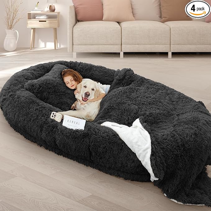 ROOMTEC Human Dog Bed, 78''x51''x12'' Size Fits Adult and Pet Washable Giant People Bed 10 CM Thick Memory Foam Large Oversize Pet Bed with Plump Pillow, Blanket, Strap - Black