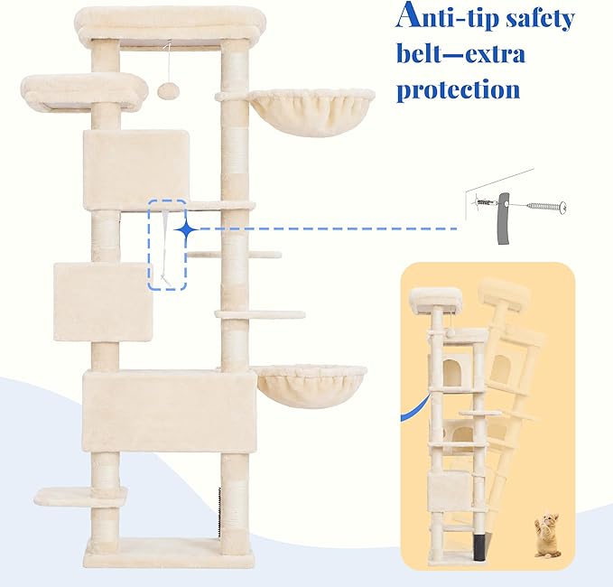 Hey-brother Cat Tree, 74 inches Multi-Level XL Large Cat Tower for Indoor Cats with Three Cat Condos, Two Large Top Decks and Cat Hairbrushfor Kittens, Cats and Pets, Beige MPJ035-MM