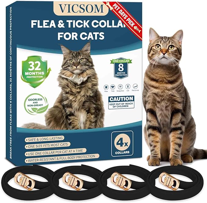 VICSOM 4 Pack Flea and Tick Collar for Cats, 32 Months Treatment, Waterproof Adjustable Kitten Flea Collar, Flea Prevention, Black