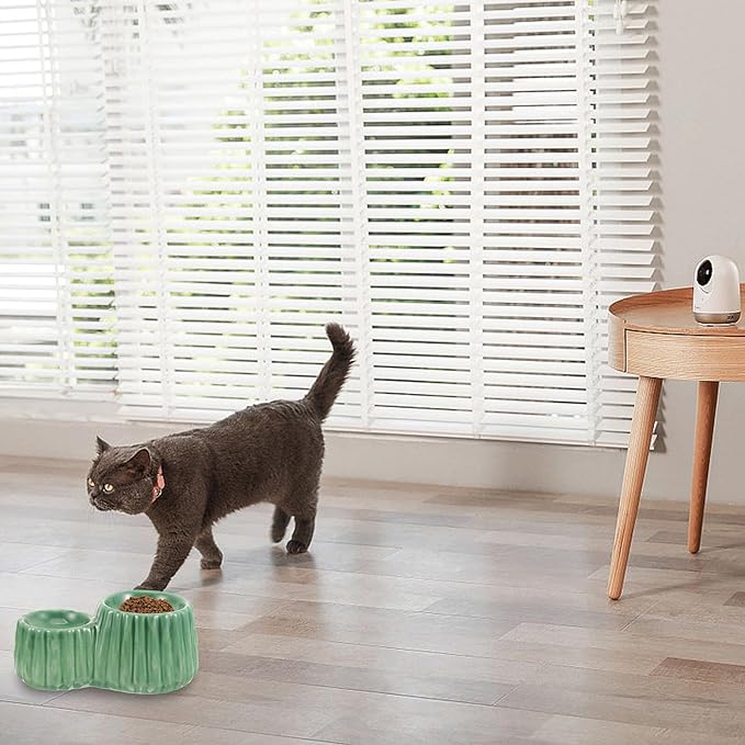 VOSAREA Ceramic Raised Cat Bowl and Elevated Dog Feeder Set with Anti-Spill Design, Green Dual Height Bowls for Pet Feeding and Watering, Suitable for Cats and Puppies