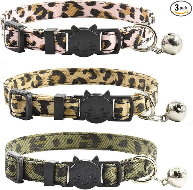 Breakaway Cat Collars with Bell, Set of 3, Durable & Safe Cute Kitten Collars Safety Adjustable Kitty Collar for Cat Puppy 7.5-11in (Leopard)