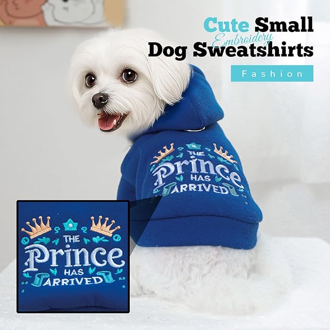 ABRRLO Small Dog Hoodie Clothes Cute Blue Prince Fleece Dog Sweater for Small Dogs Cats Boy Warm Puppy Sweatshirt with Leash D Ring Fall Winter XS Pet Doggy Outfit Chihuahua Yorkie Shihtzu(Blue,L)