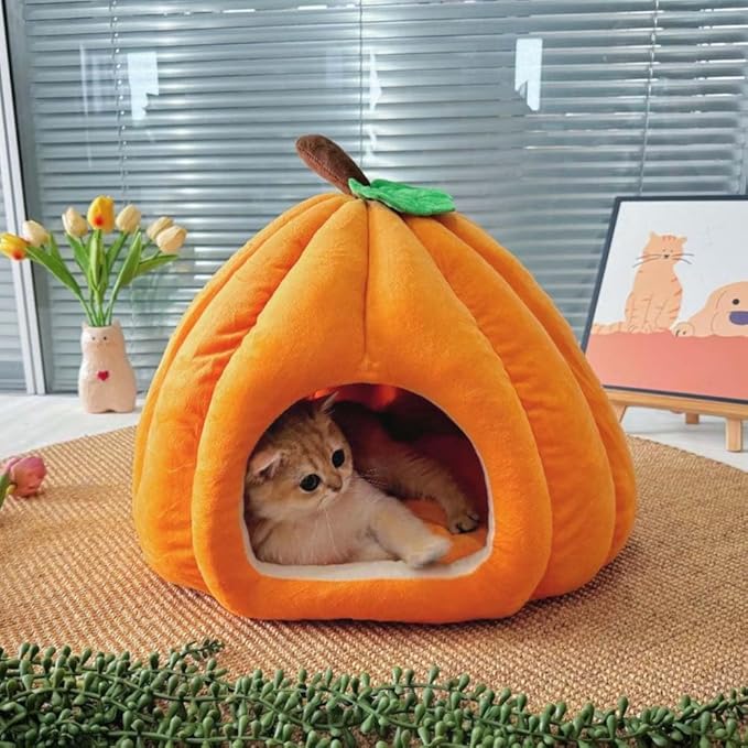 Cute Pumpkin Cat Bed for Indoor Cats，Pumpkin Shape Cat House with Removable Washable Cushioned Pillow，Cat Cave Bed Cat Tent for Puppy and Kitten (Grey,15 in)