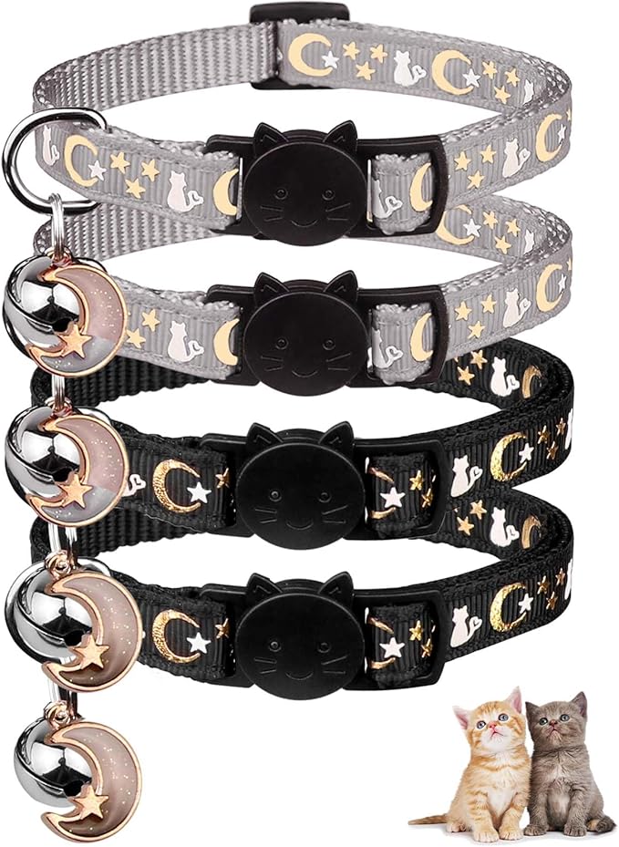 4PCS Cat Collar with Bells,Breakaway Cat Collars,Moons Stars Cute Kitty Adjustable Safe Kitten Collars Pendant Glow in The Dark,Cat Collars for Boy Cats 8.0-13.0 Inch(2 Black & 2 Grey)