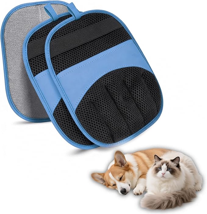 2 Pack Blue Pet Hair Removal Glove for Cats and Dogs Reusable Electrostatic Deshedding Grooming Mitt Fur Remover for Furniture Carpet Couch & Car Interior Gentle Massage Brush Washable & Eco-Friendly