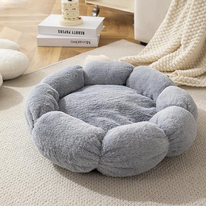 Plush Cat Beds for Indoor,Flower Shape Soft Pet Bed with Anti Slip Bottom,Donut 360 Degree Support Dog Bed for Bedroom Living Room (Grey)