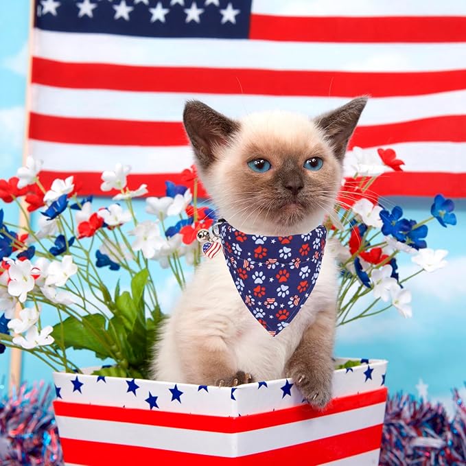 PTDECOR American Flag Cat Collar Breakaway with Cute Bow Tie Bell, 4th of July Bandana Collar, Patriotic Cat Bowtie Collars for Kittens (Blue)
