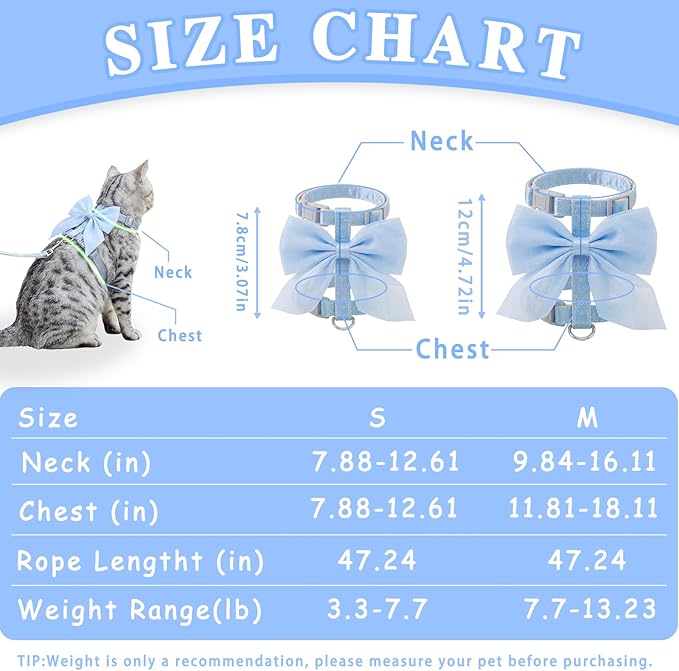 Tensho Blue Bow Cat Harness and Leash Set Escape Proof, Adjustable Kitten Harness with Leash, Bow Tie Cat Harness for Walking Outdoor - Soft Lightweight Harness for Small Dogs Cats Rabbits (S)