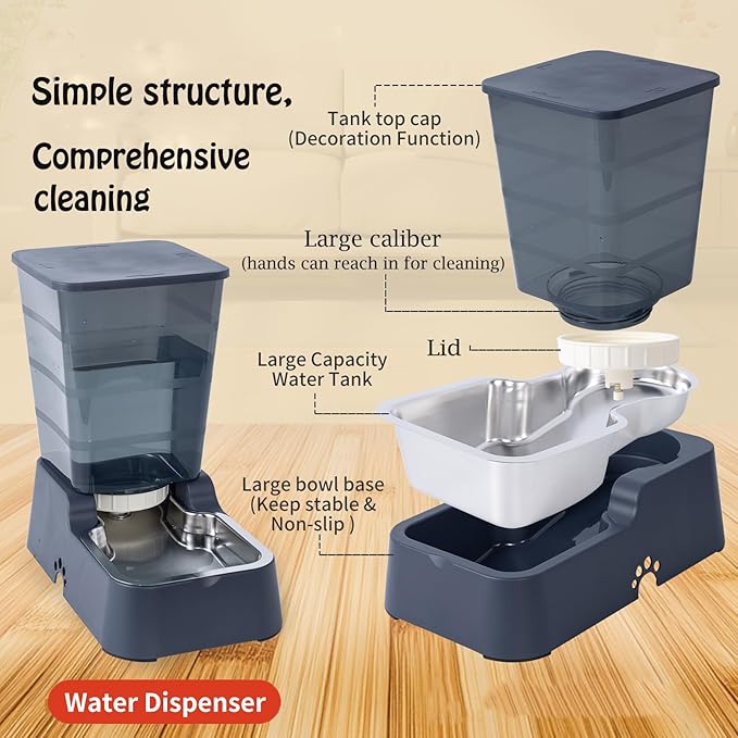 Meikuler Pets Auto Feeder 5.2L,Food Feeder and Water Dispenser Set for Medium & Large Dogs Cats and Pets Animals (Navy)