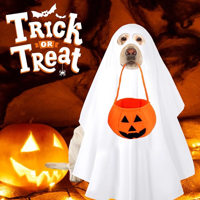 Dog Ghost Halloween Costume 2PCS Funny Ghost Face Cape Pumpkin Bucket White Ghost Poncho for Large Dogs Trick or Treat Bags Spooky Outfit Cosplay Ghost Clothes (Medium)