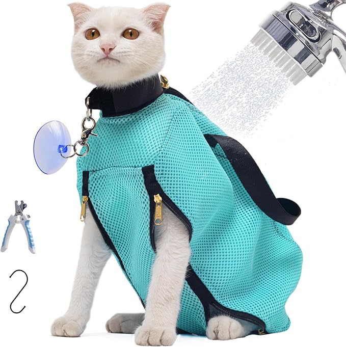 6-12 lbs Anti-Escape Suction Cup Cat Grooming Bag - Medium Green Breathable Mesh, for Bathing & Nail Trimming, Portable for Travel & Easy to Clean