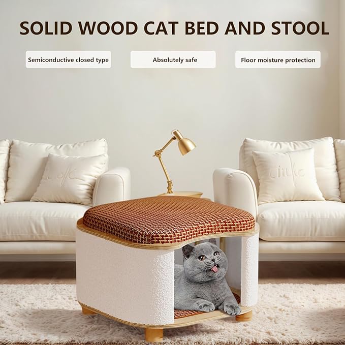 Multi-Functional Wooden Cat Cabinet, Cat Bed with Scratch Pad & Rattan Cushion, Hidden Cat Cave & Ottoman Stool