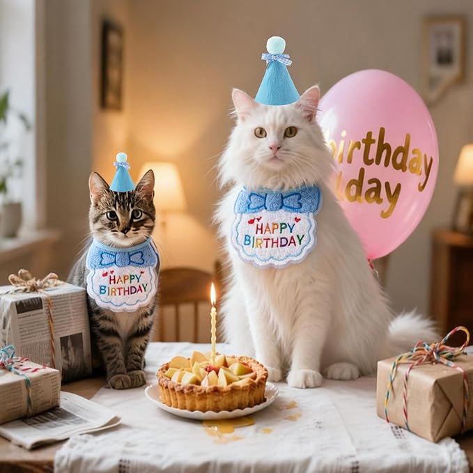 Cat Kitten Birthday Bandana Hat, 1Set Numbers Pet Birthday Decorations Outfits, Cute Cats Kittens Apparel Birthday Outfits, Blue Hat with Numbers Cat Bandana Pet Decorations ﻿