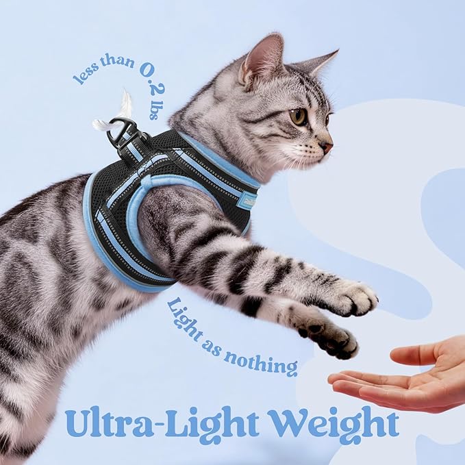 rabbitgoo Cat Harness and Leash Set for Walking Escape Proof, Adjustable Soft Kittens Vest with Reflective Strip for Cats, Comfortable Outdoor Vest, Black & Light Blue, L
