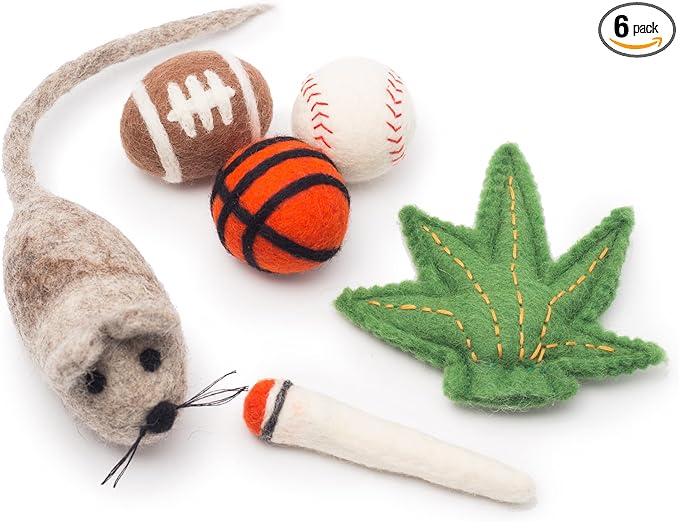 Glaciart One Felt Cat Toys Set (6pc) – Handmade Wool Catnip Toys for Indoor Cats | Eco-Friendly Natural Wool Balls, Mouse & Joint Toys | Durable Cat Enrichment Toys for Exercise & Play