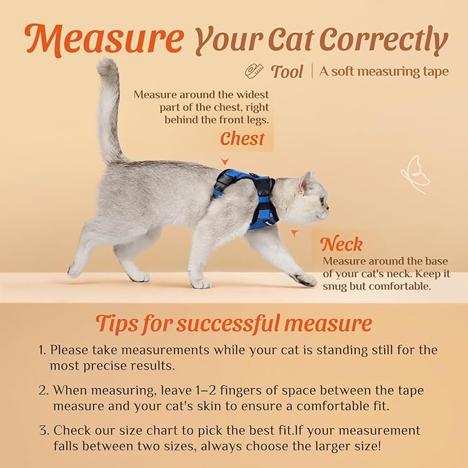 Dooradar Cat Harness and Leash Set, Escape Proof Soft with 3 Adjustable Buckles, Comfortable Vest Easy to Wear Kitten Harness with Reflective Strip, Safe for Outdoor Walking, Royal Blue, S
