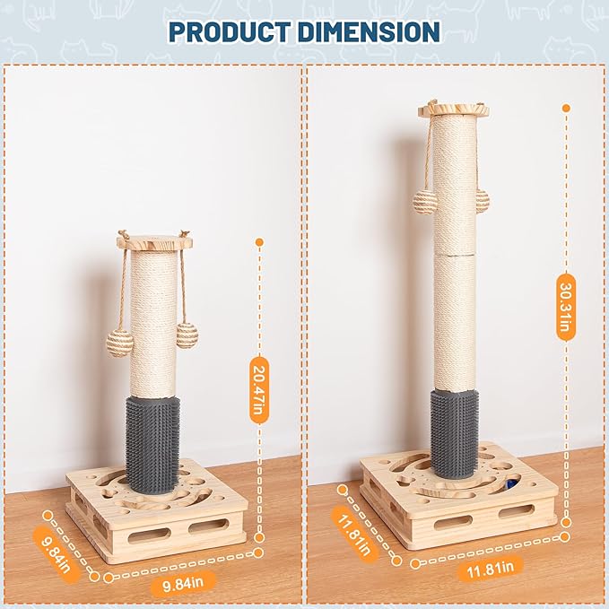 20.5 Inch Cat Scratching Post, 4-in-1 Interactive Maze Base with Cat Self Groomer, Natural Pine Wood & Premium Sisal Scratching Pole, Anti-Slip Detachable Design for Indoor Cats