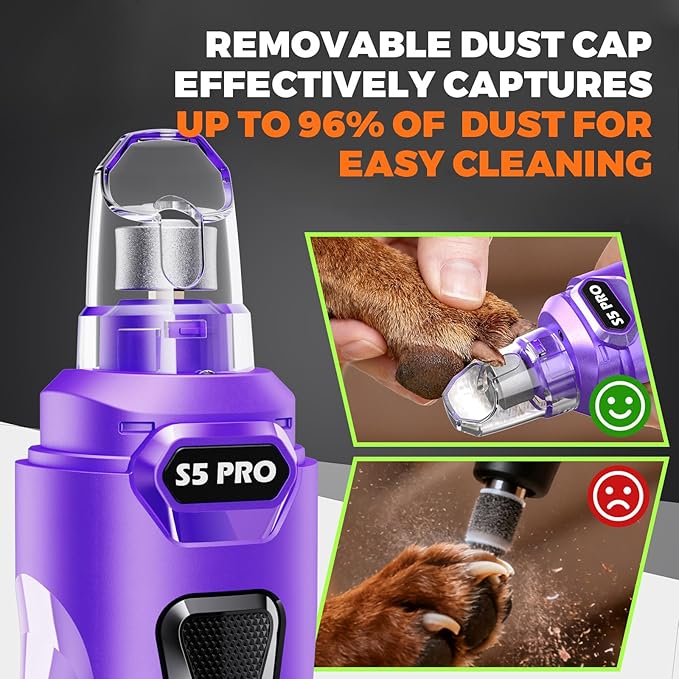 Whisper Quiet Dog Nail Grinder with 4 LED Lights, Safe & Stress-Free for Sensitive Dogs of All Breeds & Sizes, 3 Grinding Bits, 3-Speed, Pet Nail Trimmers, Rechargeable Painless Grooming Kit Purple