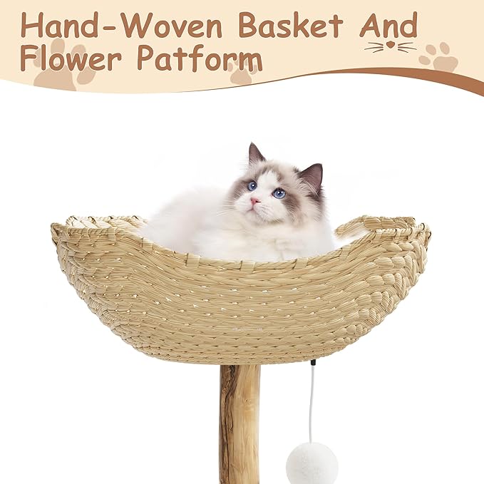 Modern Real Wood Cat Tree Tower, Multi-Level Cat Condo with Natural Wicker Basket, Scratching Posts & Dangling Balls, Tall Climbing Trees Pet Furniture with Platforms for Large Cats