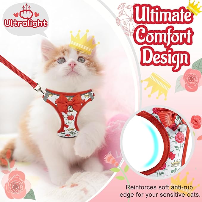 Cat Harness and Leash Escape Proof for Walking, Adjustable Soft Kitten Harness with Reflective Straps Step in Cat Vest Harness for Small Kitten and XS Dogs (Red, M-Chest(14.5"-16.3"))