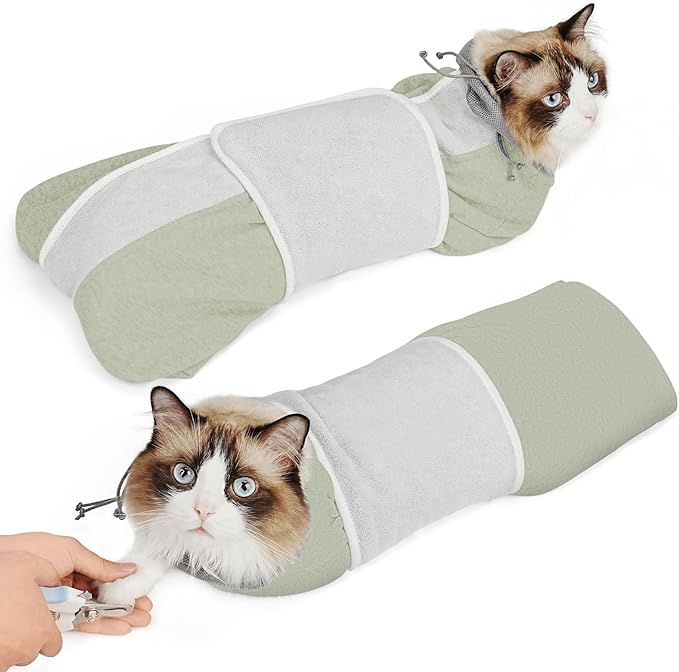 Supet Cat Grooming Wrap for Cutting Nails, Self-Adhesive Anti-Scratch Swaddle with Bite-Proof Mesh Hood & Thick Waist Strap Anti-Escape Bag for Nail Trimming, Medication, Ear Cleaning (Green L)
