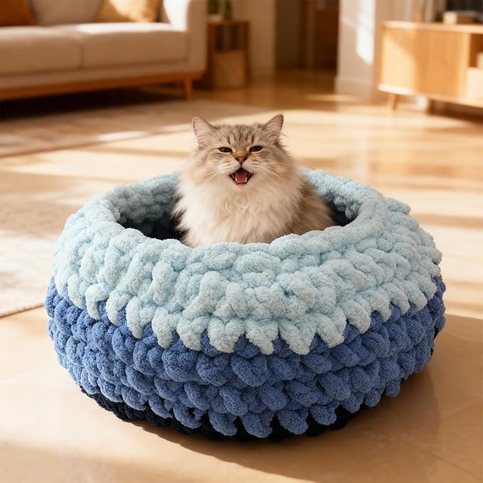 Handwoven Soft Cat Cave Bed, Indoor Cat Beds with Washable Round Nest, Kitten House & Cat Furniture, Cloud Blue