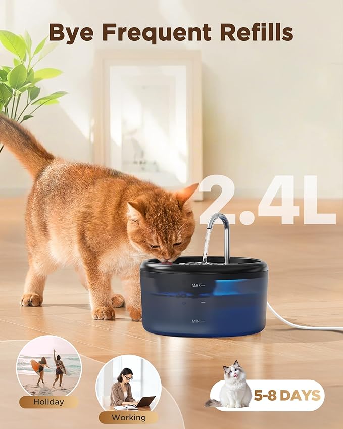 Cat Water Fountain for Cats Inside: Pet Water Fountain - Auto Cat Drinking Fountain - Faucet Pet Water Dispenser with LED Light - Silent Water Bowls for Small Animal - 80oz/2.4L Waterer with 9 filters